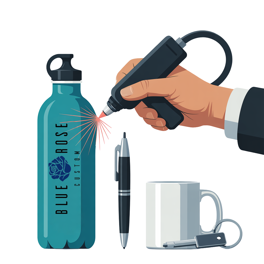 Various promotional products including notebooks, pens, and drinkware