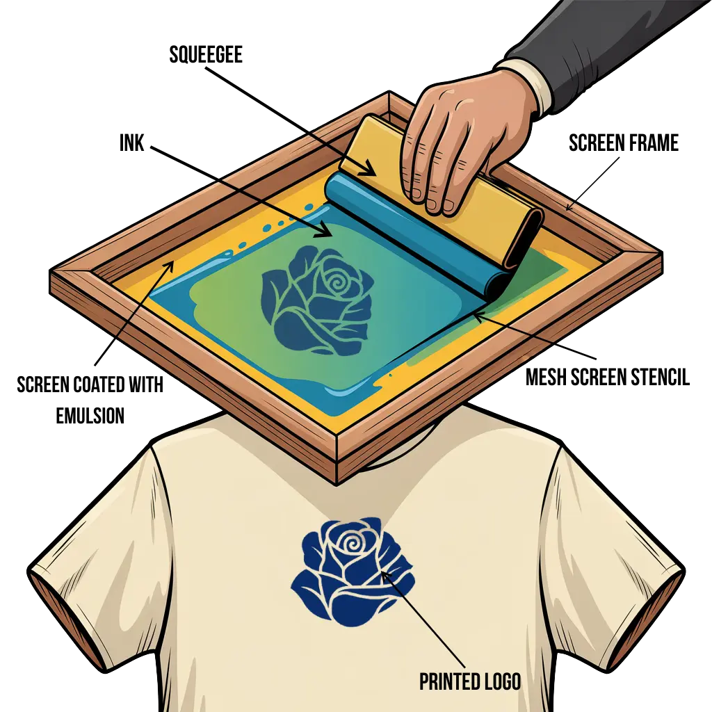 Illustration of ink pushed through a mesh screen to print a rose logo onto a t-shirt